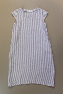 Flared dress, short sleeves, squared neck, light stripes linen