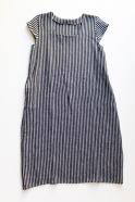 Flared dress, short sleeves, squared neck, dark stripes linen