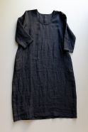 Flared dress, 3/4 sleeves, U neck, black linen