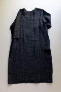Flared dress, 3/4 sleeves, U neck, black linen