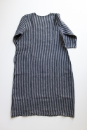 Flared dress, 3/4 sleeves, U neck, dark stripes linen