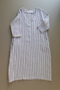 Flared dress, 3/4 sleeves, V neck, light stripes linen