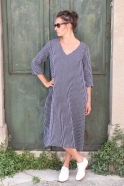 Flared dress, 3/4 sleeves, V neck, dark stripes linen