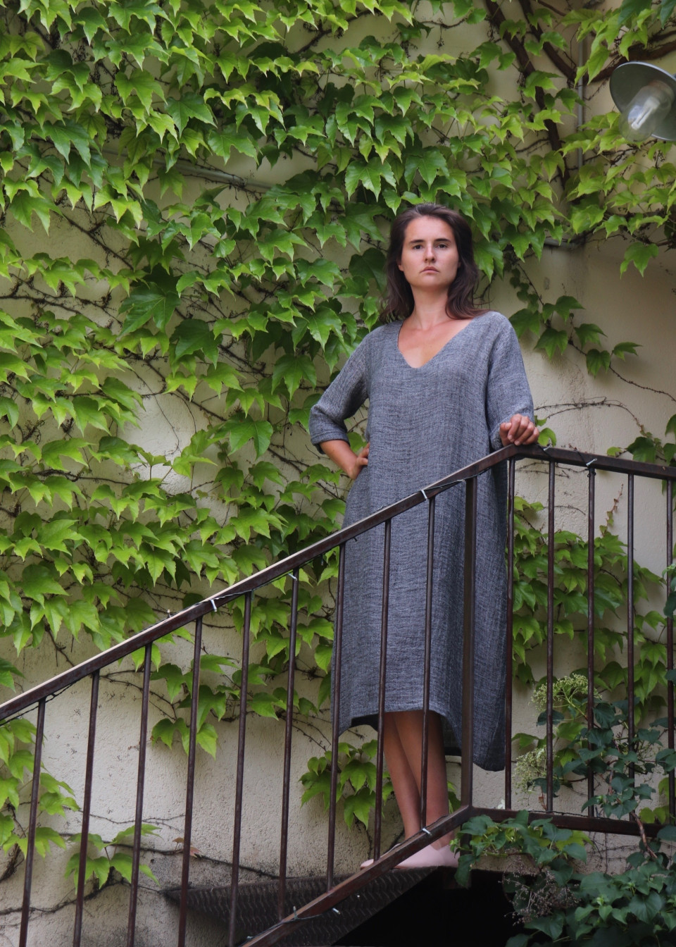 Flared dress, 3/4 sleeves, V neck, grey linen Flared dress, 3/4 sleeves, V neck, grey linen