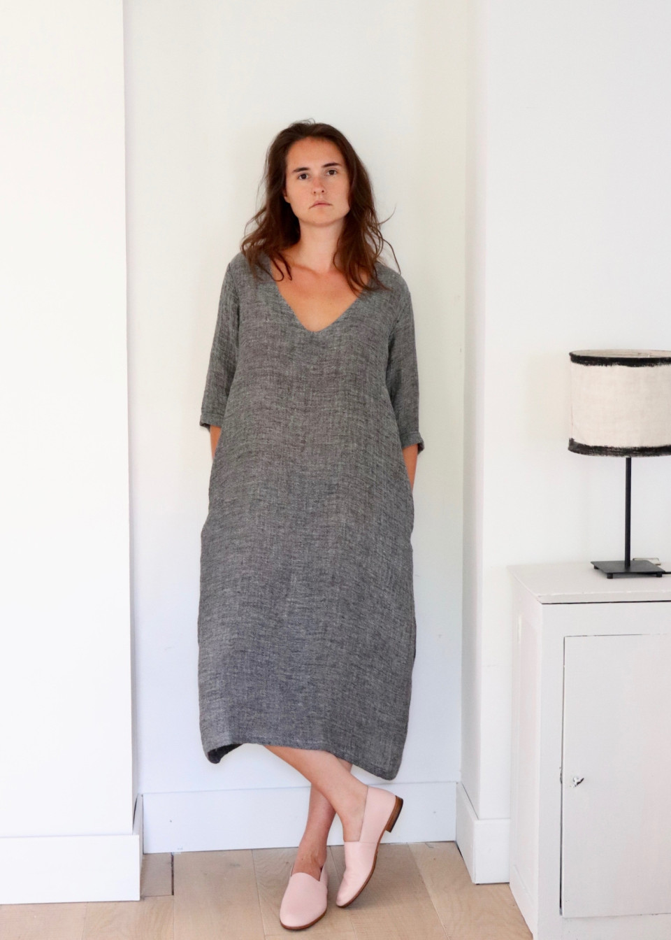 Flared dress, 3/4 sleeves, V neck, grey linen Flared dress, 3/4 sleeves, V neck, grey linen