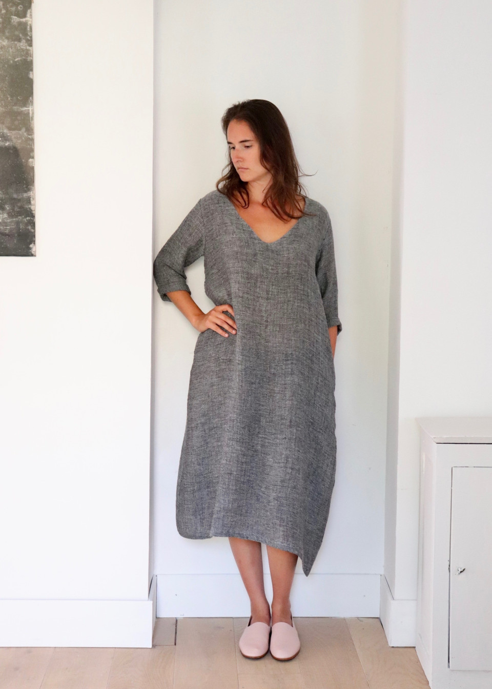 Flared dress, 3/4 sleeves, V neck, grey linen Flared dress, 3/4 sleeves, V neck, grey linen