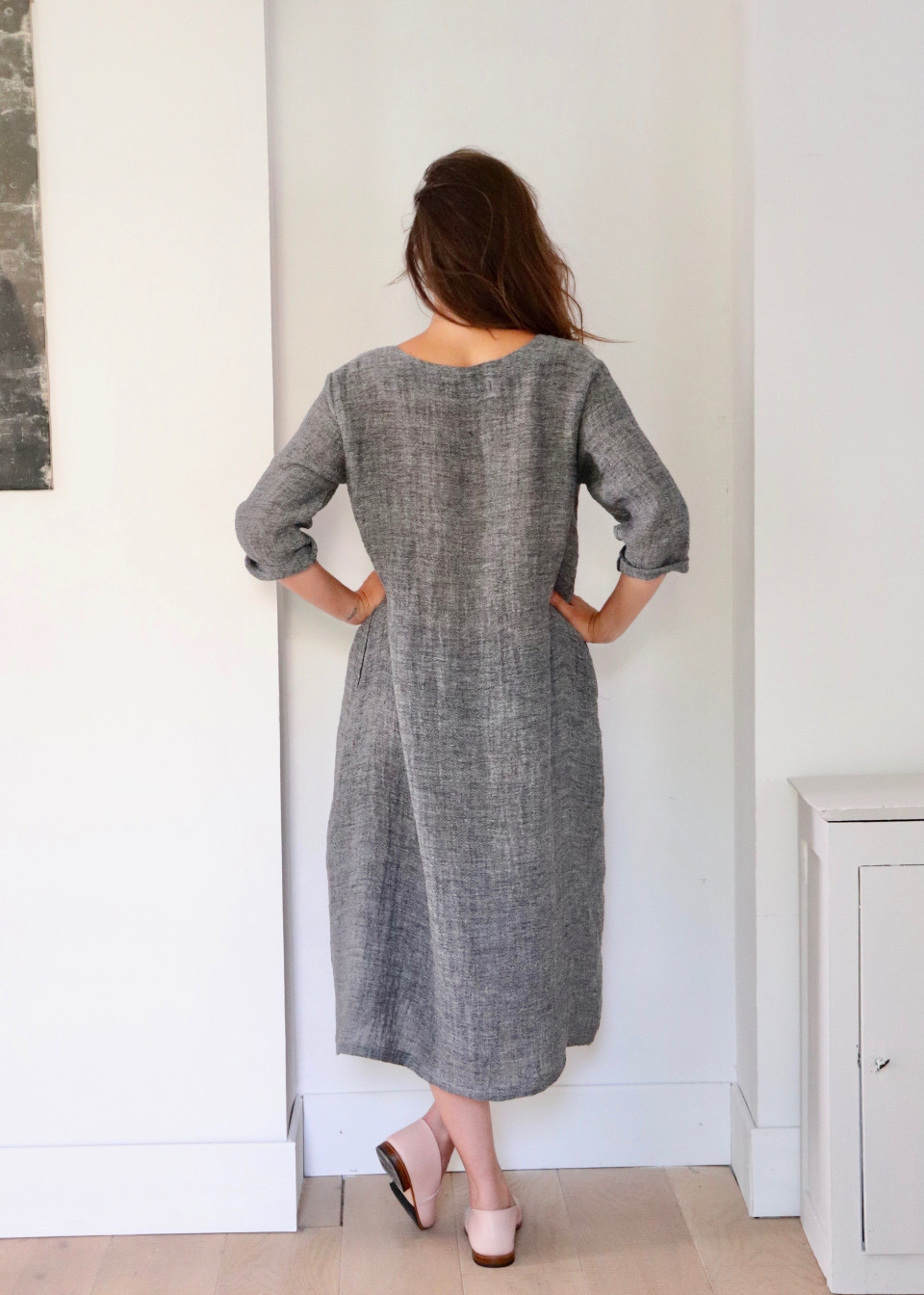 Flared dress, 3/4 sleeves, V neck, grey linen Flared dress, 3/4 sleeves, V neck, grey linen