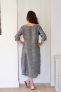 Flared dress, 3/4 sleeves, V neck, grey linen