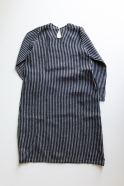Uniform flared dress long sleeves, dark stripes linen