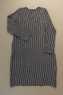 Flared dress, long sleeves, U neck, dark stripes linen
