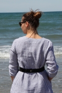 Flared dress, long sleeves, V neck, light stripes linen