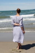 Flared dress, long sleeves, V neck, light stripes linen