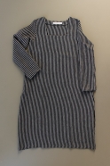 Flared dress, long sleeves, squared neck, dark stripes linen