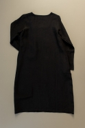 Flared dress, long sleeves, squared neck, black linen