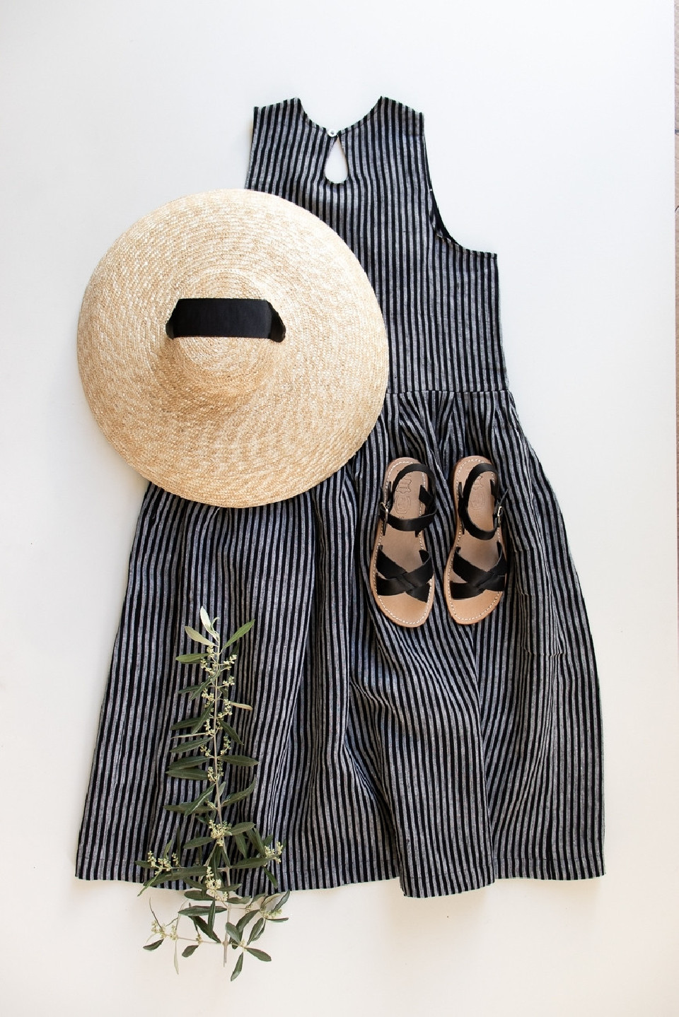 Pleated dress, sleeveless, dark stripes linen Pleated dress, sleeveless, dark stripes linen