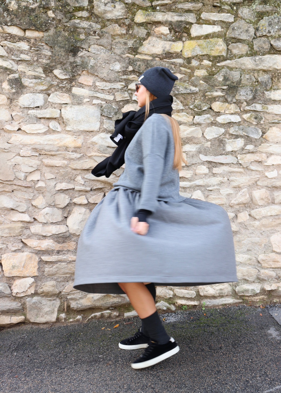 Pleated dress, sleeveless, grey wool blend