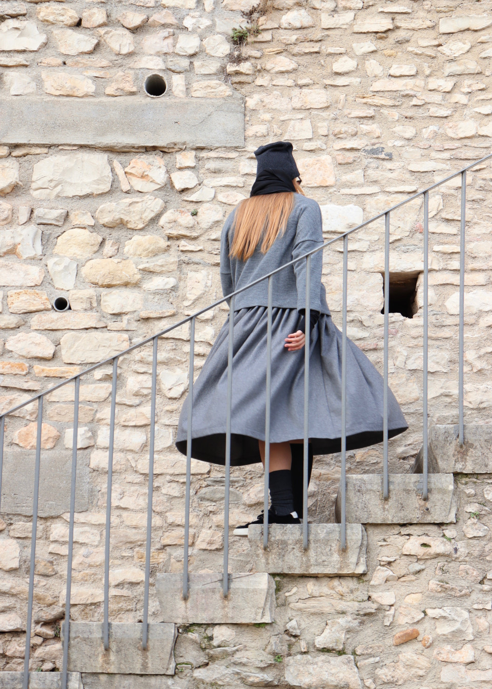 Pleated dress, sleeveless, grey wool blend
