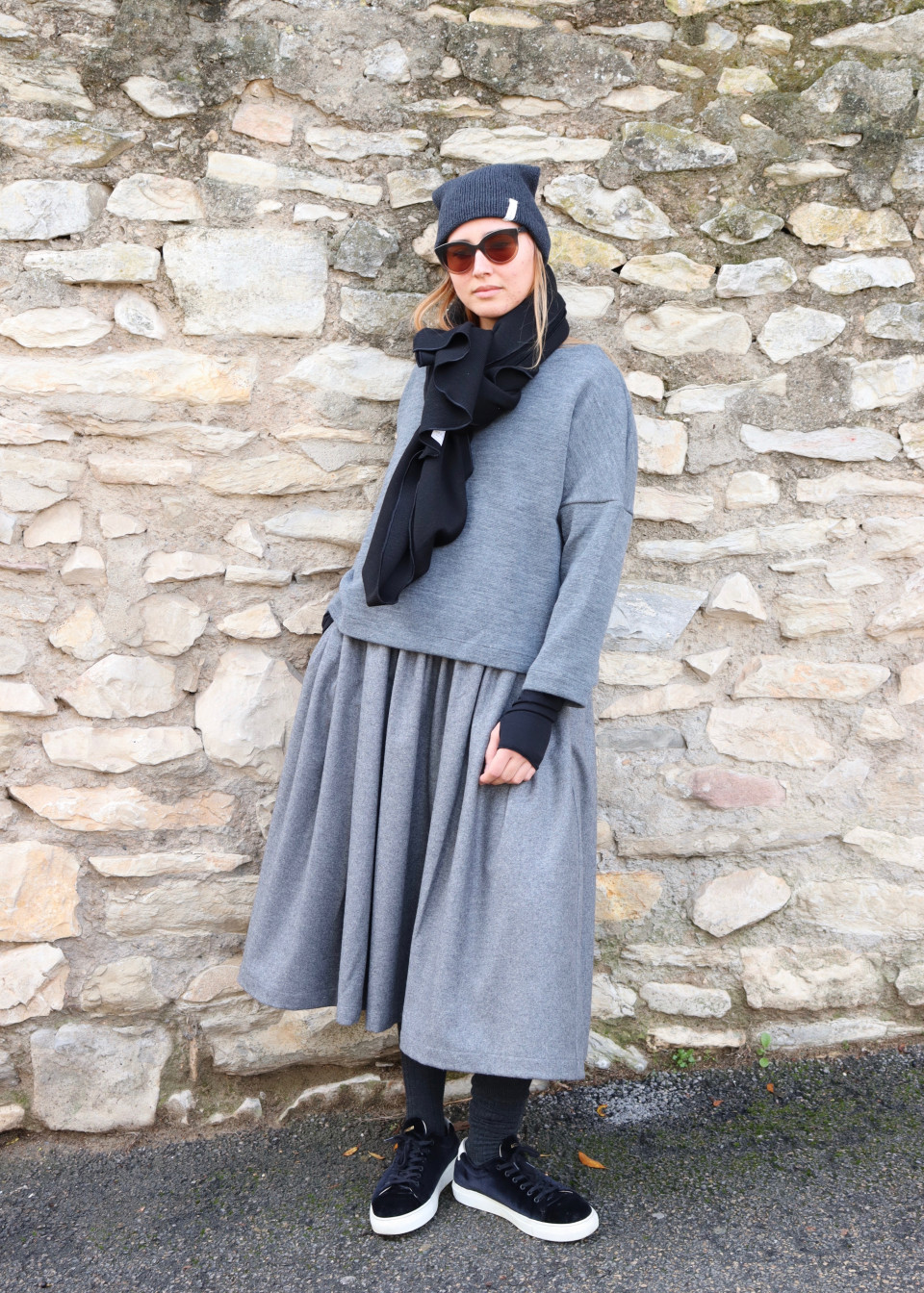 Pleated dress, sleeveless, grey wool blend