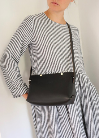 Uniform pleated long sleeves dress, light stripes linen