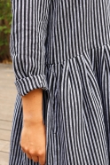 Uniform pleated dress long sleeves, dark stripes linen