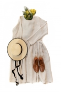 Pleated dress,  long sleeves, natural linen
