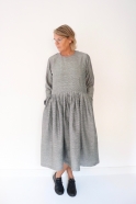 Pleated dress,  long sleeves, small stripes fabric