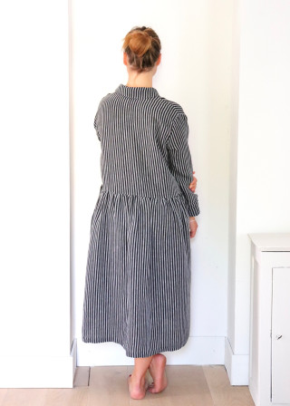 Uniform shirt-dress long sleeves, dark stripes linen