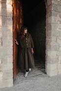 Pleated dress, sleeveless, Olive cotton canvas