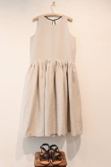 Pleated dress,  sleeves less, beige linen