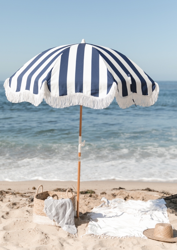 Holiday beach umbrella, navy crew stripes