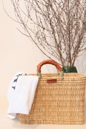 Square basket, brown leather handle