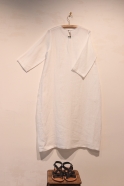 Flared dress, 3/4 sleeves, U neck, white linen