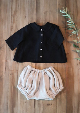 Chemise à plis manches longues, lin noir