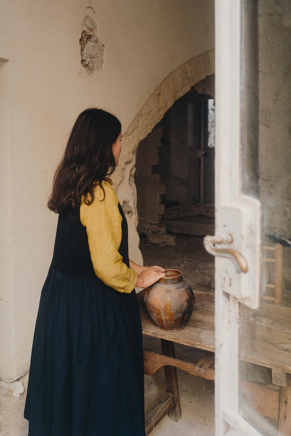 Pleated dress, sleeveless, night blue corduroy