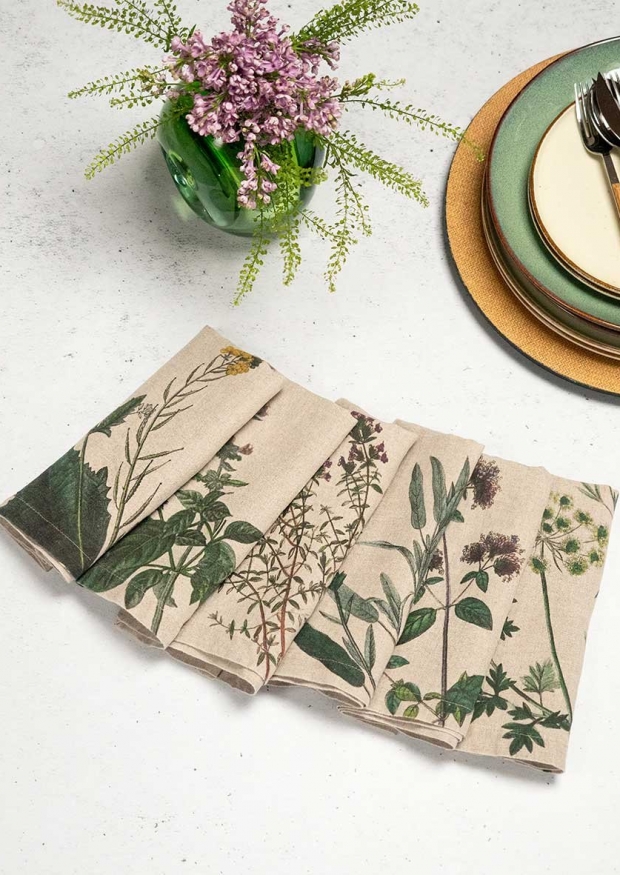 Set of 6 linen napkins, aromatic herb print