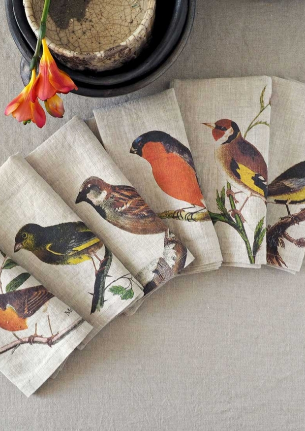 Set of 6 linen napkins, birds print