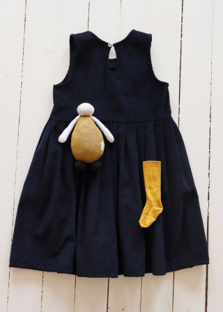 Pleated dress, sleeveless, night blue corduroy