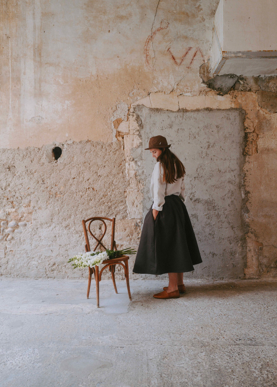 Jupe longue, toile de coton Brun