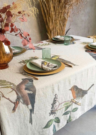 Linen tablecloth with little birds prints - LINOROOM