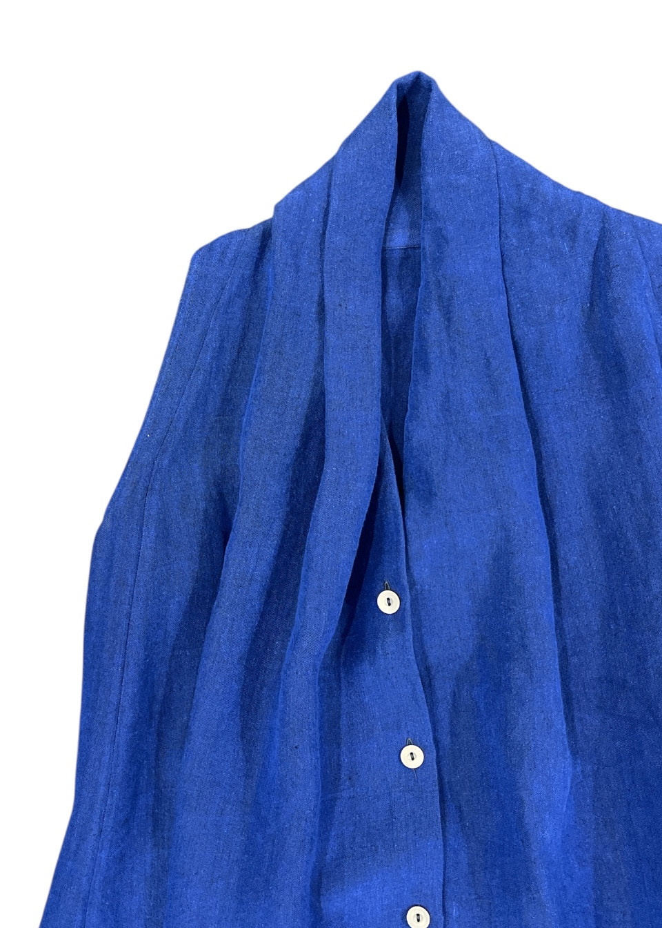 Drapped dress in blue linen - LE VESTIAIRE DE JEANNE Drapped dress in blue linen - LE VESTIAIRE DE JEANNE