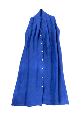 Drapped dress in blue linen - LE VESTIAIRE DE JEANNE
