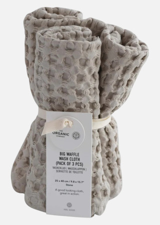 Set of 3 wash cloths in Stone big waffle cotton - THE ORGANIC COMPANY