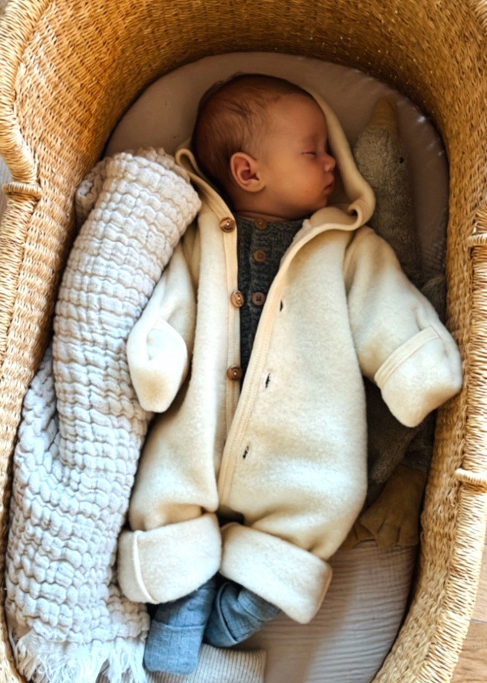 Hooded overall for baby in white wool - ENGEL NATUR