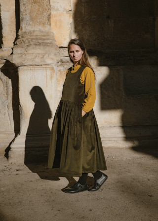 Bottle green corduroy pleated dress - LE VESTIAIRE DE JEANNE
