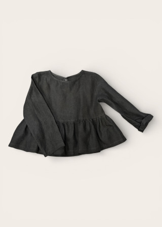 Long sleeves pleated blouse, black linen - LE VESTIAIRE DE JEANNE