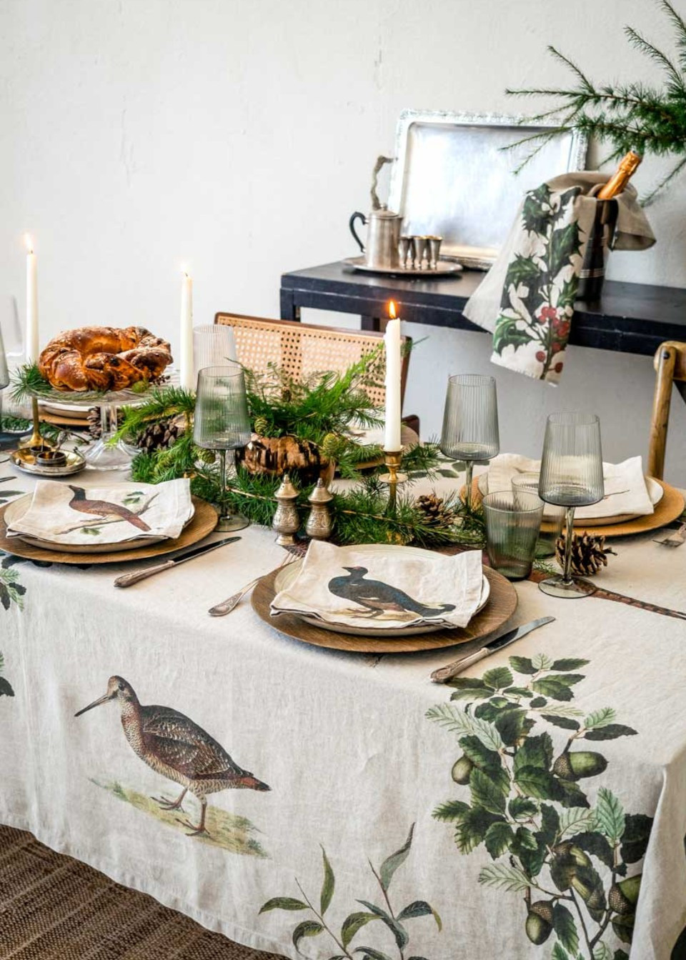 6 serviettes en lin imprimé oiseaux de la forêt - LINOROOM