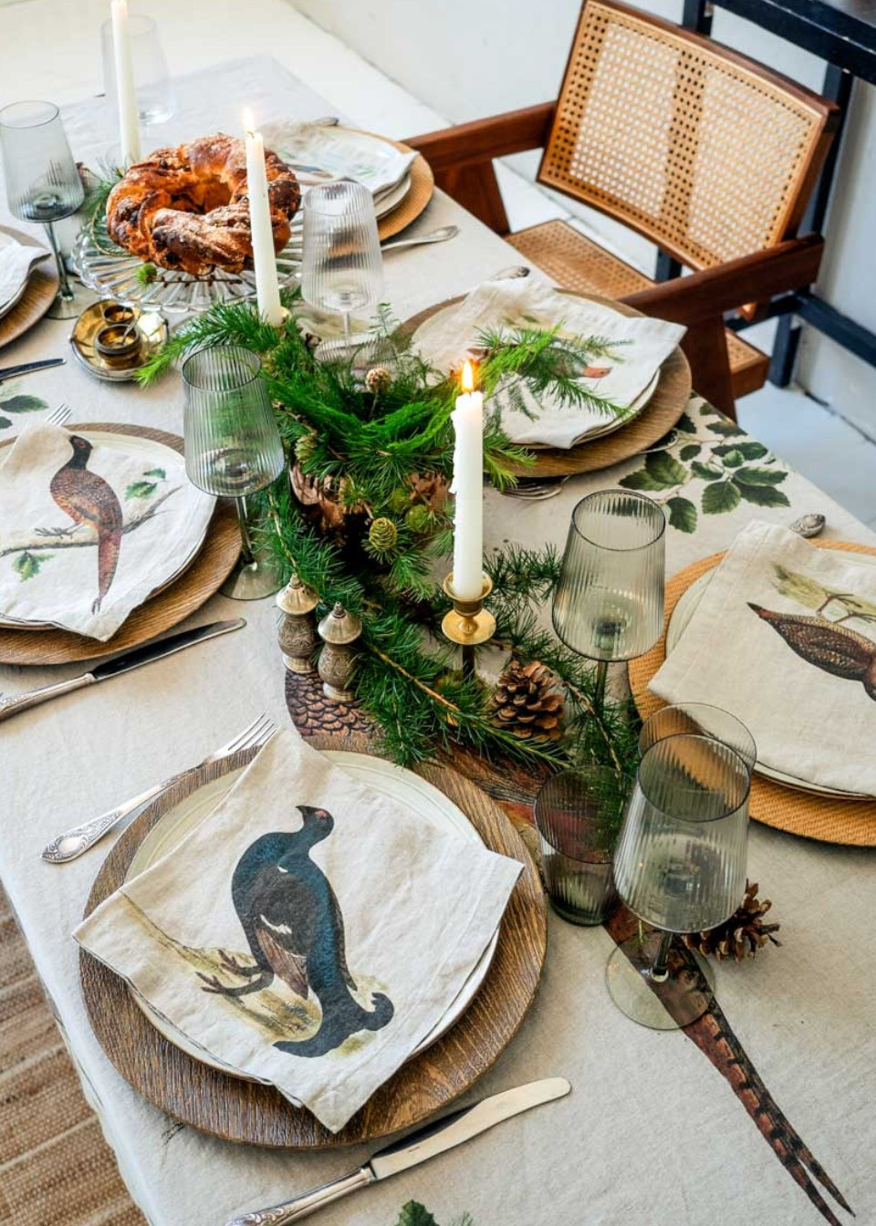 Set of 6 linen napkins with forest birds prints - LINOROOM