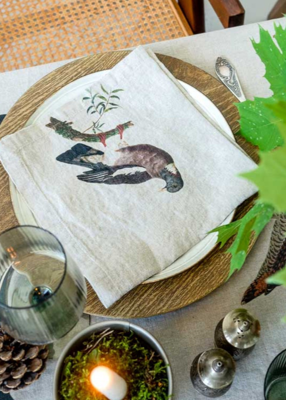 6 serviettes en lin imprimé oiseaux de la forêt - LINOROOM