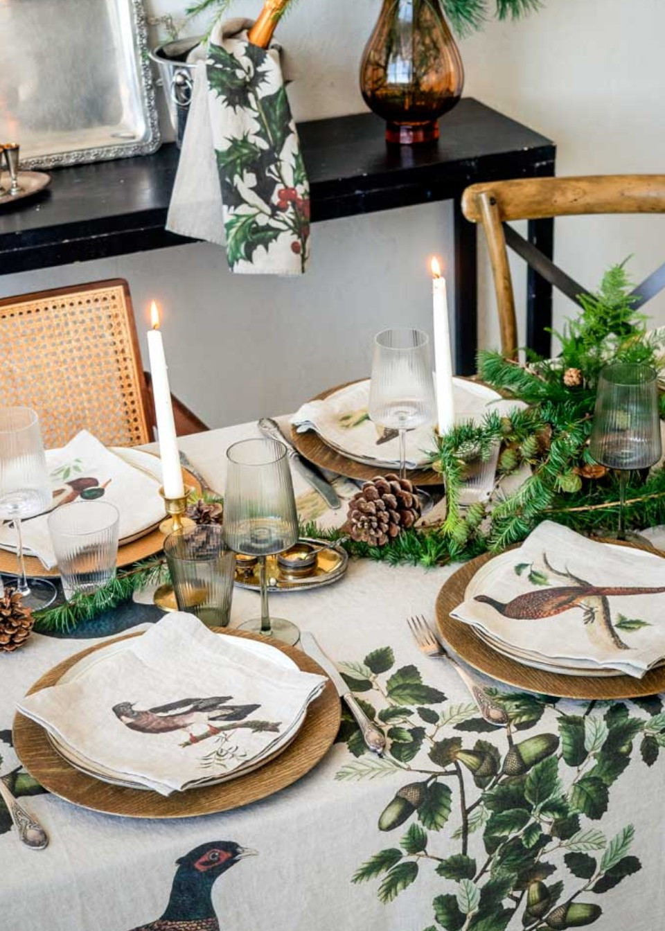 Set of 6 linen napkins with forest birds prints - LINOROOM