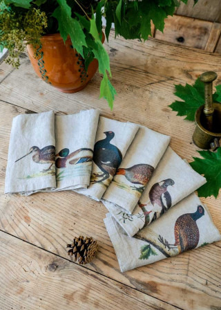 Set of 6 linen napkins with forest birds prints - LINOROOM